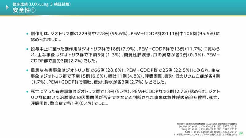 副作用は、ジオトリフ群229例中228例、99.6％、PEM+CDDP群111例中106例、95.5％に認められました。