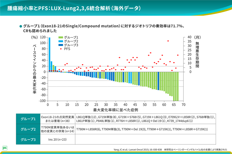 奏効率は、グループ1で71.7%、グループ2で14.3%、グループ3で8.7%であり、グループ1ではCRも認められました。